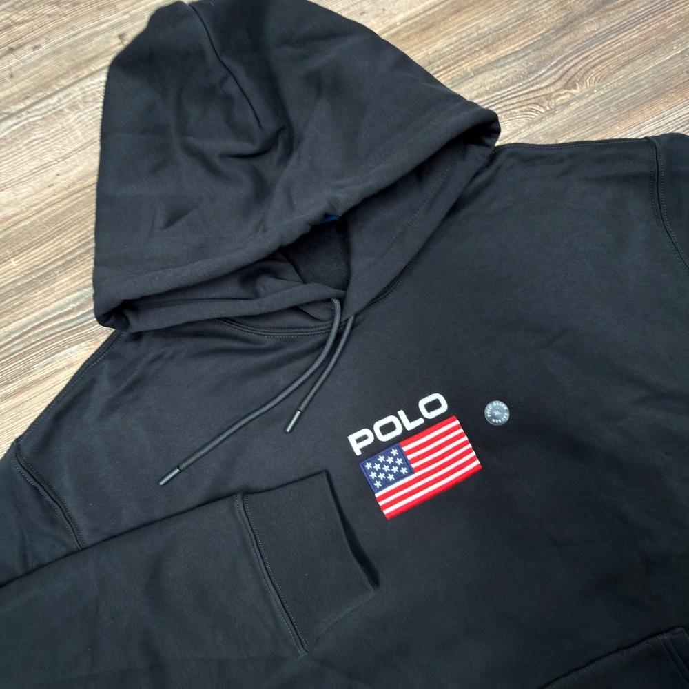 Polo Ralph Lauren Mens Unisex Size XL Hoodie Black USA American Flag Graphic